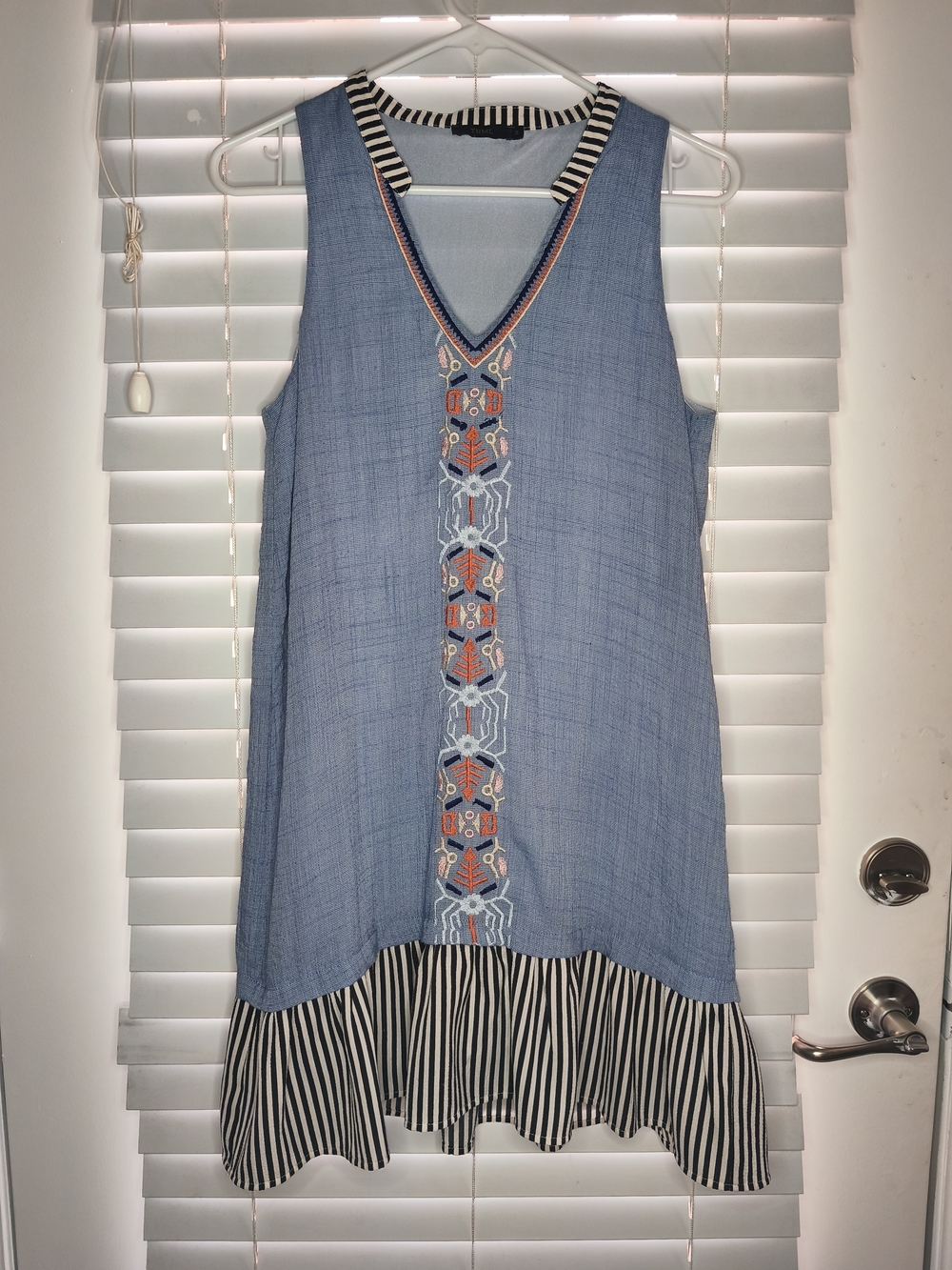 THML Blue Striped Sleeveless Embroidered Boho Shift Summer Sun Dress Size S